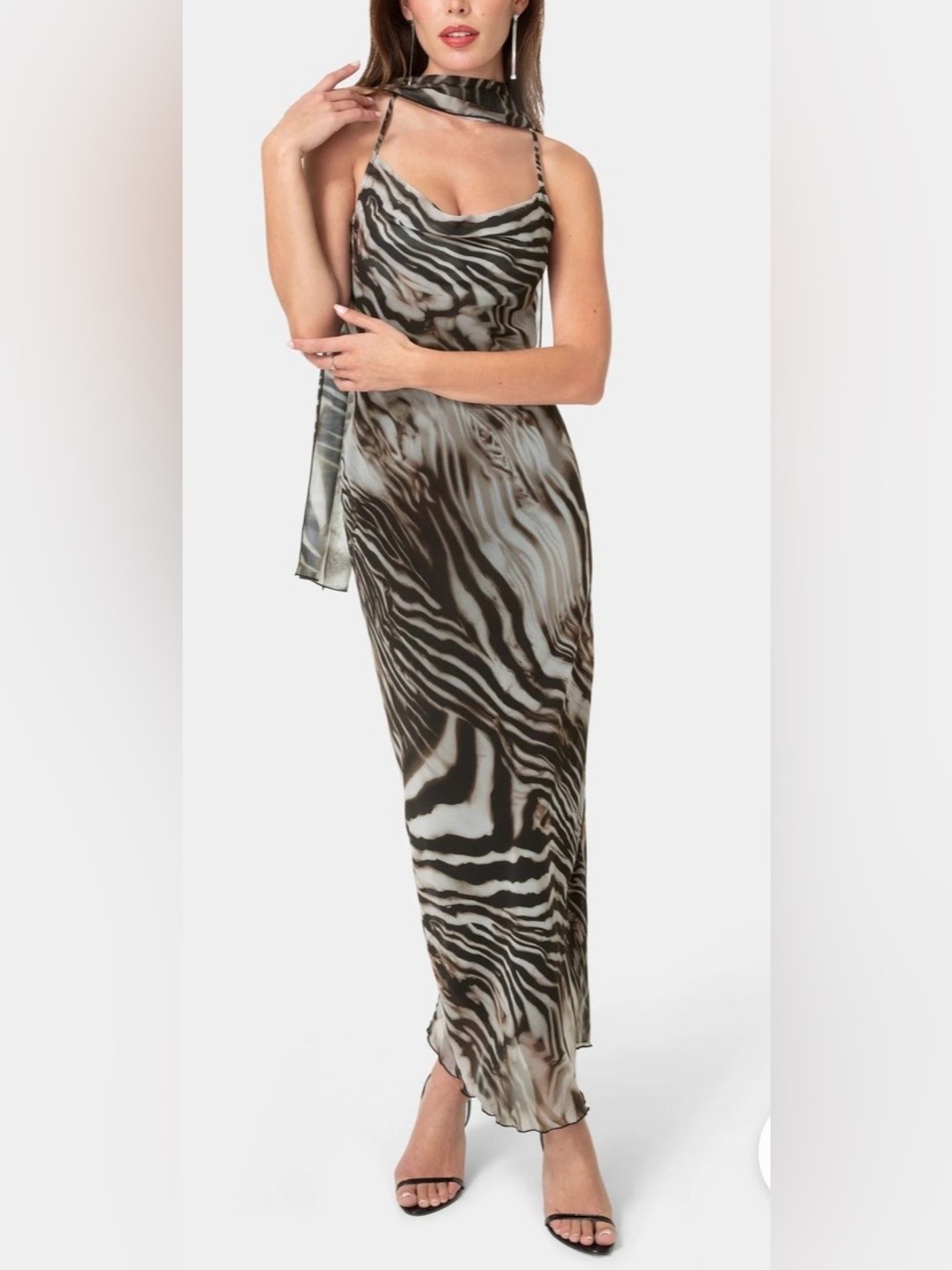 bebe Abstract Zebra Print Maxi Slip Dress S NWT Cowl Neck Halter Matching Scarf